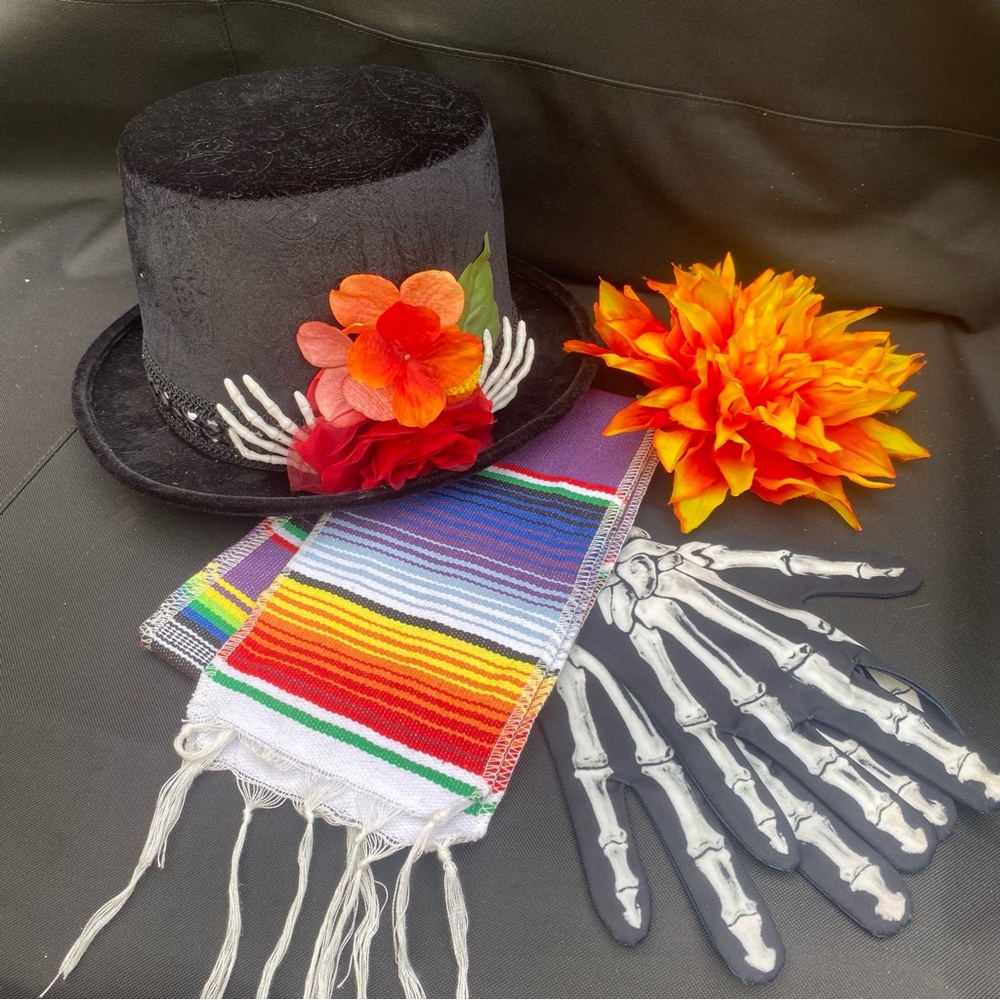 Men’s Day of the Dead Costume: Velvet Hat, L Shirt, Gloves, Shoulder Scarf, Pin